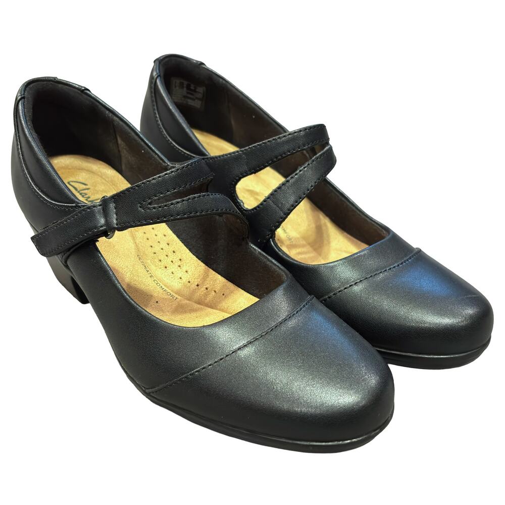 Clarks Collection Black Leather Mary Jane Heels Women’s 9 Comfort Shoes